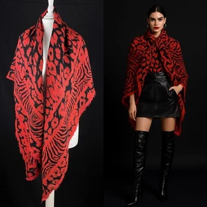 Jodhpur Paris Red and Black Animal Print Square Wool Scarf, Made in Italy - Picture 1 of 20