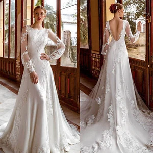 Wedding Dress Flower Applique A Line Scoop Neck Long Sleeve Lace Backless Train - Picture 1 of 10