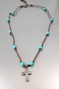 Peyote Bird Sterling Silver 925 Howlite Bead Station Cross Pendant Necklace - Picture 1 of 7