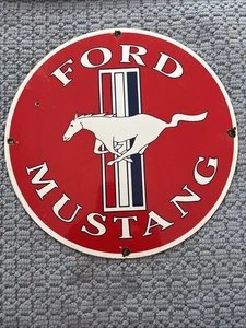 FORD MUSTANG 11” ENAMEL SIGN HEAVY METAL SERVICE SIGN W/ SOME RUST AND BUCKSHOT - Picture 1 of 8