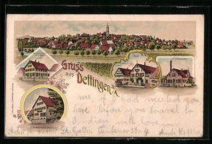 Lithographie Dettingen a. A., Totalansicht mit Gasthaus zum Löwen, Buchbinderei - Picture 1 of 2