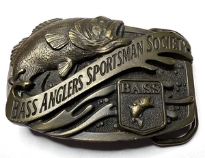 Brass Belt Buckle - Vintage 1980s Bass Anglers Sportsman Society Fishing - Picture 1 of 6
