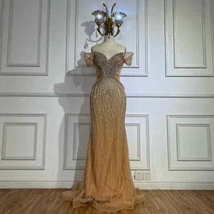 Saudi Arabic off Shoulder Beaded Tulle Nude Mermaid Evening Dresses - Picture 1 of 12
