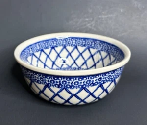Polish Pottery Soup/Cereal Bowl Blue Lattice Pattern Handmade Poland - Picture 1 of 6