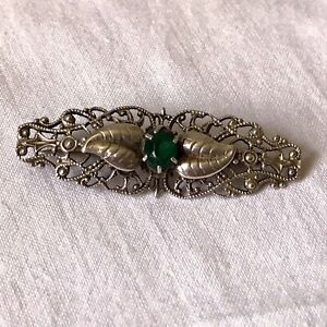 Vintage Sterling Silver & Green Glass Paste Leaf Bar Brooch, Stock Pin