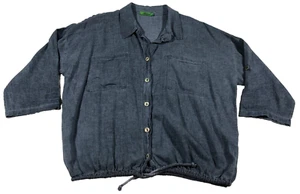 For Her Paris Womens Linen Blend Top Sz 2X Blue Button-Up Roll Tab Sleeve Italy - Picture 1 of 13