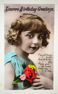 Postcard Young Girl Child Flowers Portrait Birthday Hand Colored 1930's RPPC - Picture 1 of 6