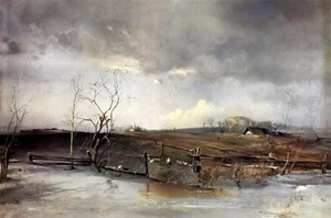 Oil painting Savrasov - Early spring landscape Farmer's cottage free shipping - Picture 1 of 1