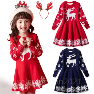 UK Kids Girls Christmas Elk Knitted Sweater Winter Warm Long Sleeve Jumper Dress - Image 1 of 4