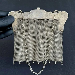 Antiguo bolso sin asas victoriano de malla de plata de ley 925 187 grm - Imagen 1 de 16