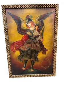 Arte de pared enmarcado de escuela de Cusco en lienzo repro adornado a mano San Miguel Arcángel - Imagen 1 de 8