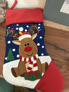 Needlepoint REINDEER STOCKINGS Christmas Whimsical Presents Lights Snow Red - Picture 1 of 7