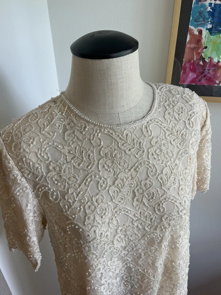 Vestido Formal Vintage Mujer Laurence Kazar Mujer’s Blanco Cuentas Vestido Talla M Foto 1 de 4