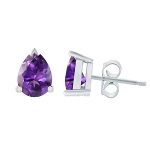 1.15Ct Pear Natural Amethyst 14k White Gold Plated Solitaire 925 Stud Earrings - Picture 1 of 6