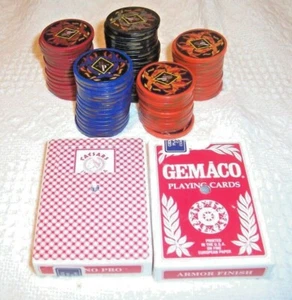 (366) VTG - 73 pcs PP Casino Red~Blue~Black~Orange Poker Chips + 2 decks Cards  - Picture 1 of 4
