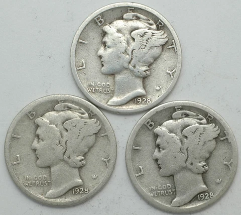 1928-P-D-S Winged Liberty Mercury Silver dime mint year set of 3 coins Cover