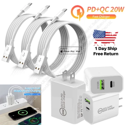 3Pack PD 20W Fast Charger Power Adapter Block USB Cable For iPhone 14 13 12 11 8 - Image 1 of 4