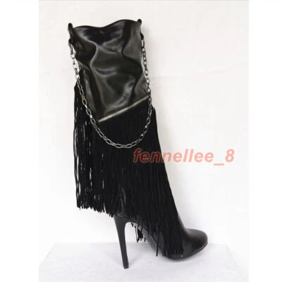 Mujeres Botas hasta la rodilla Borlas Delgadas Tacones Altos Cadena Cremallera Zapatos de Fiesta Talla 4-15 Foto 1 de 4