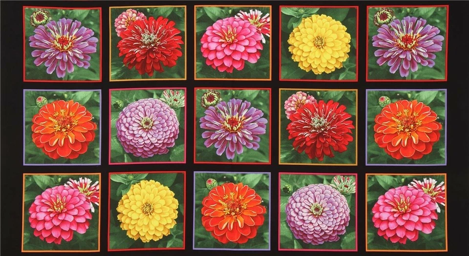 ELIZABETH'S STUDIO Zinnias Flowers 100% Cotton Quilting Panel