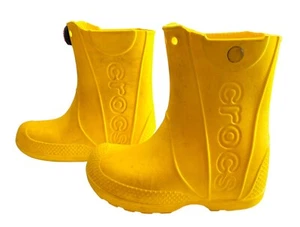 Crocs Child's Youth Yellow Rainboots Sz 9 Rubber MidCalf Pull On Damaged Stained - Picture 1 of 23