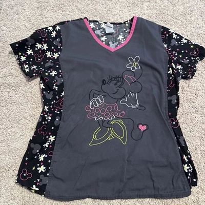 Blusa Médica Floral Disney Minnie Mouse Para Mujer Grande Gris Carbón Rosa Cuello en V Foto 1 de 4
