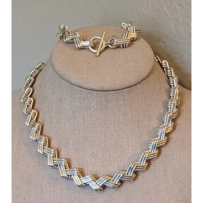 Vintage Mexico Modernist 925Sterling Silver Solid Zig Zag Necklace Bracelet Set - Image 1 of 4