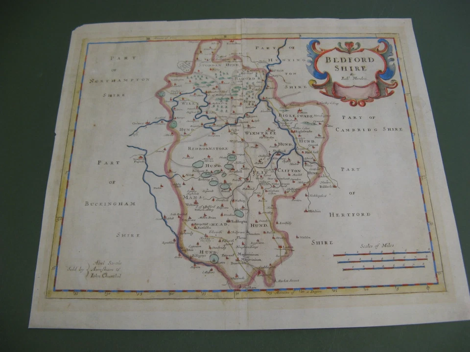 MAPA GRANDE DE BEDFORDSHIRE 100 % ORIGINAL DE ROBERT MORDEN C1695 EN MUY BUENA CONDICIÓN COLOREADO A MANO Foto 1 de 1