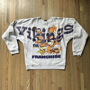 Vintage Minnesota Vikings Spellout NFL Rare Garfield Pullover Crewneck SZ M 90s - Picture 1 of 17