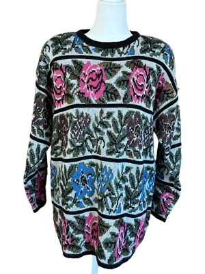 Cervelle Women's Pullover Sweater Floral Roses Stripes Wool Blend Large Vintage - Image 1 of 4