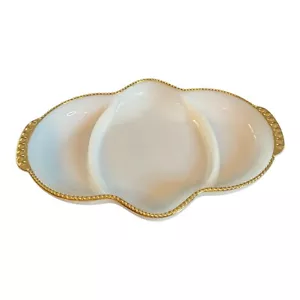 Vintage Fire King Forno Ware Bianco Latte Vetro Diviso Relish Piatto Bordo Oro 11x8 - Foto 1 di 3