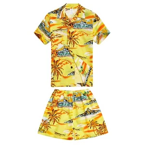 Boy Toddler Aloha Shirt Set Shorts Beach Hawaii Cruise Luau Cotton Yellow Sunset - Picture 1 of 4
