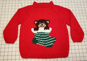 New 12M to 5T Hand Knit Child's Red Raglan Sleeve Christmas Teddy Bear Sweater - Picture 1 of 6