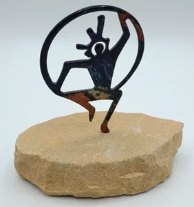 Kokopelli Lazart Glazed Copper Metal Art Dancing Man Figurine Sandstone Base - Picture 1 of 8