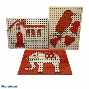 Pressman Vintage Masonite Lacing Board Set 3 Boards 5 laces Sewing Cards - Picture 1 of 12