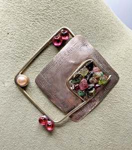 AS39. Designer Hand Made Sterling Silver & Assorted Stones Geometric Brooch - Picture 1 of 10
