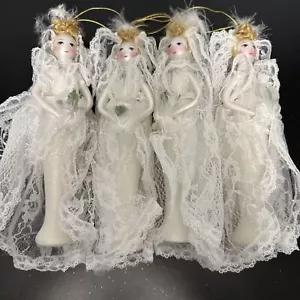 Bride Angel White Lace Feather Woman Christmas Tree Holiday Ornament Set Of 4 - Picture 1 of 7