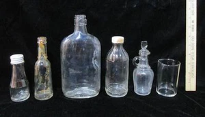 Vintage Clear Glass Bottles Flask Heinz Cruet Liquor Ball Flat Lip Lot of 6 - Picture 1 of 7