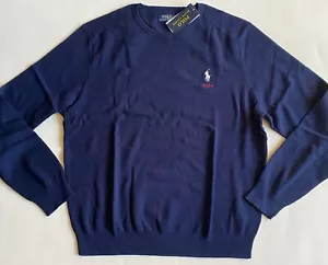 $110 NWT Mens Polo Ralph Lauren Logo Soft Cotton Crewneck Pullover Sweater Navy - Picture 1 of 2