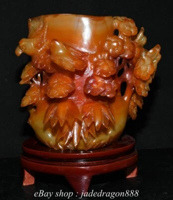 Jarrón lápiz 9" antiguo chino marcado ágata roja tallada flor pájaro bambú cepillo maceta Foto 1 de 4