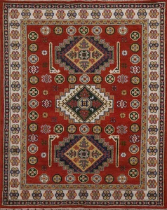 Alfombra geométrica estilo tribal kazajo anudada a mano 6x8 ft - Imagen 1 de 21