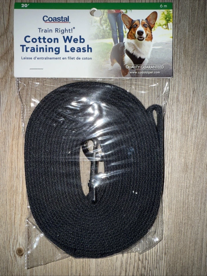 Teia de algodão para treinamento de cães chumbo preto 20 pés recall de trem costeiro feito nos EUA NOVO - Imagem 1 de 4