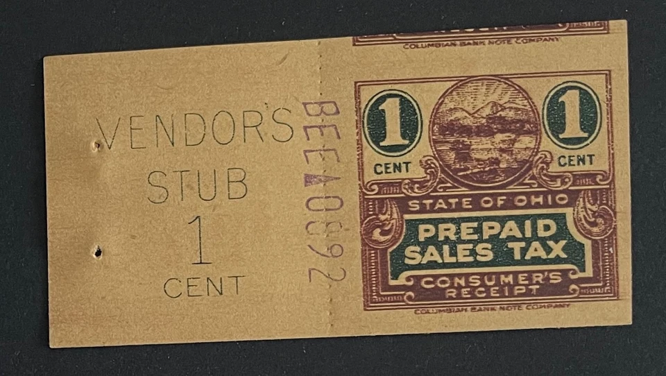 ERROR Mis-Cut - Ohio State Revenue, 1 cent Sales Tax Columbian Bank Note - OH - Image 1 of 1