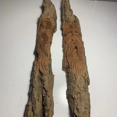 Two Wood Spirit Carvings Wood Carving Vintage 1995 Folk Art Lot of 2 - Image 1 of 4