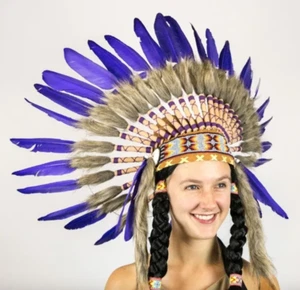 Purple Native American Indian Feather Headdress War Bonnet Exceptional Quality - Picture 1 of 1
