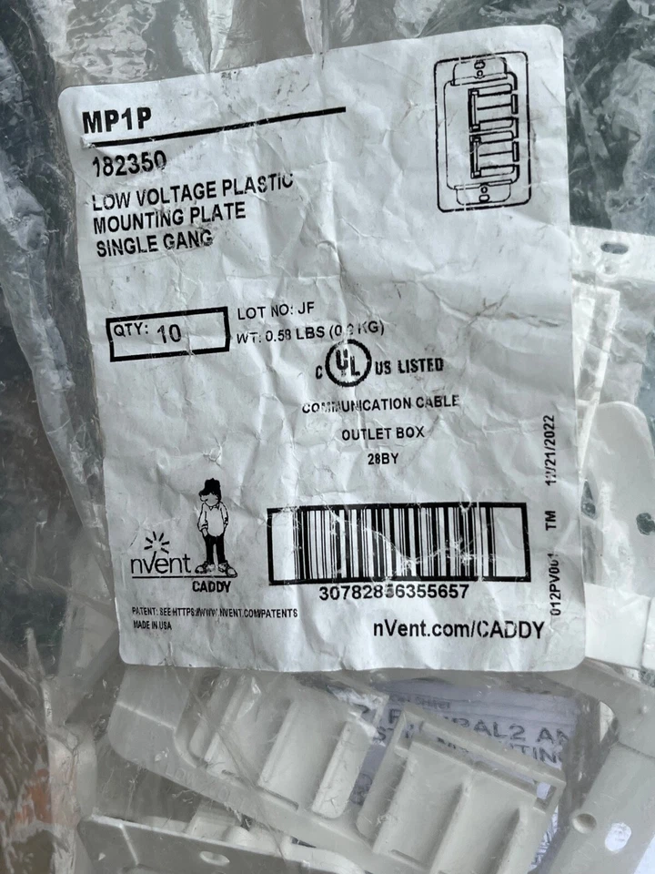 10 Pack NVent Caddy MP1P Single Gang Communication Mounting Plate White Plastic - Image 1 of 3