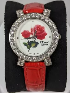 Marel Drucker Red Rose Dial Crystal Accent Round Silver Tone Red leather Watch - Picture 1 of 10