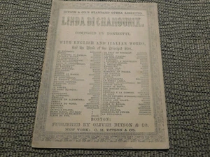 1861 Ditson Standard Opera Libreto Programa LINDA DI CHAMOUNIX 9"" x 6,5"" - Imagen 1 de 5