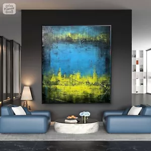 Venta Pintura abstracta color azul amarillo HECHA A MANO 60H X 48 costaba $3,495 ahora $1,795 - Imagen 1 de 17