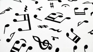 Weißer Baumwollstoff mit Noten Musikstoff Notenstoff Dekostoff Noten Notenstoff - Bild 1 von 3