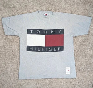 Vintage Tommy Hilfiger Herren XL Spell Out Flag grau Grafik T-Shirt USA *siehe Beschreibung* - Bild 1 von 11